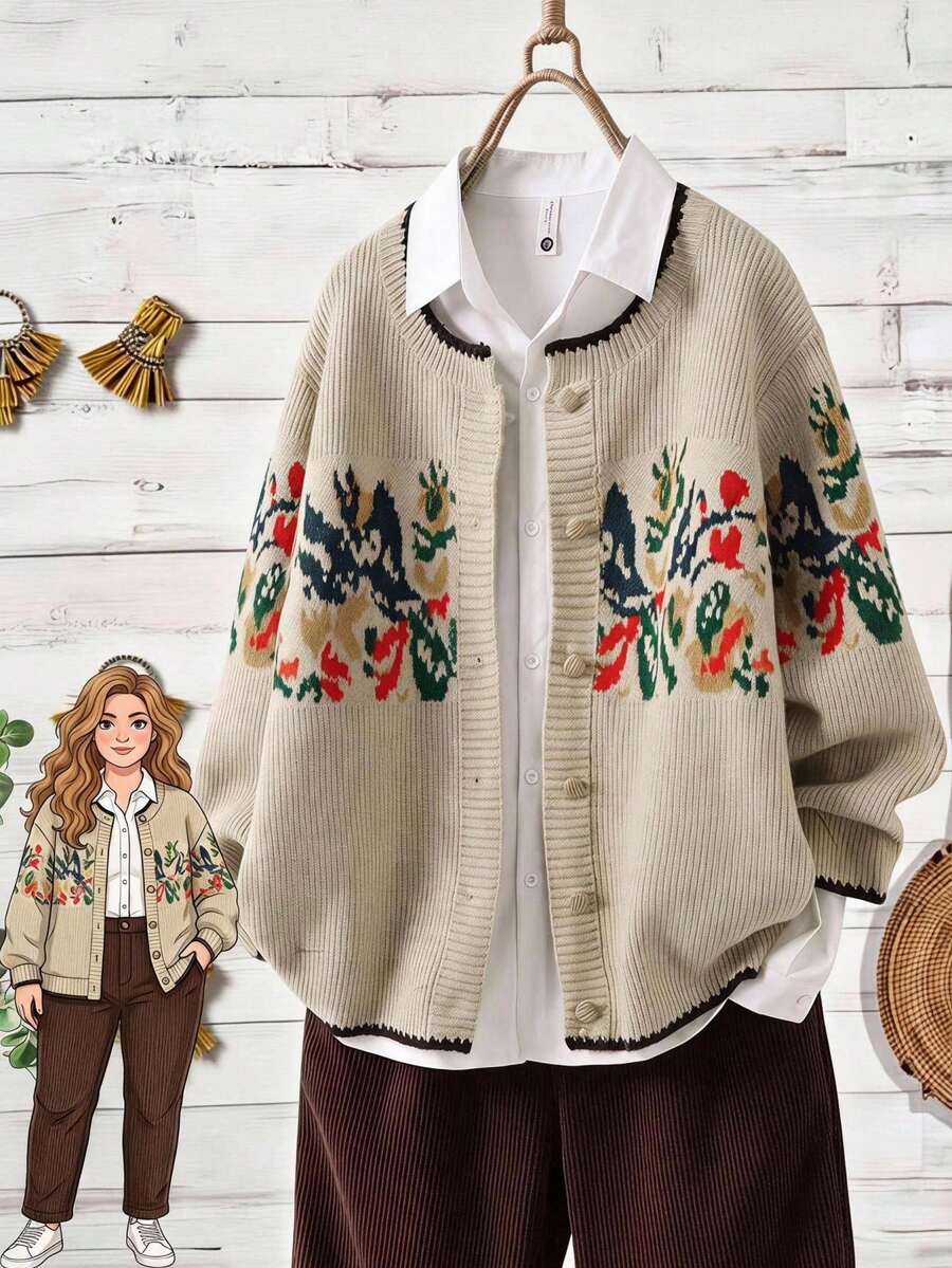 Rusticease Plus Size Women's Floral Pattern Single-Breasted Casual Daily Cardigan Winter - Apricot - View 1