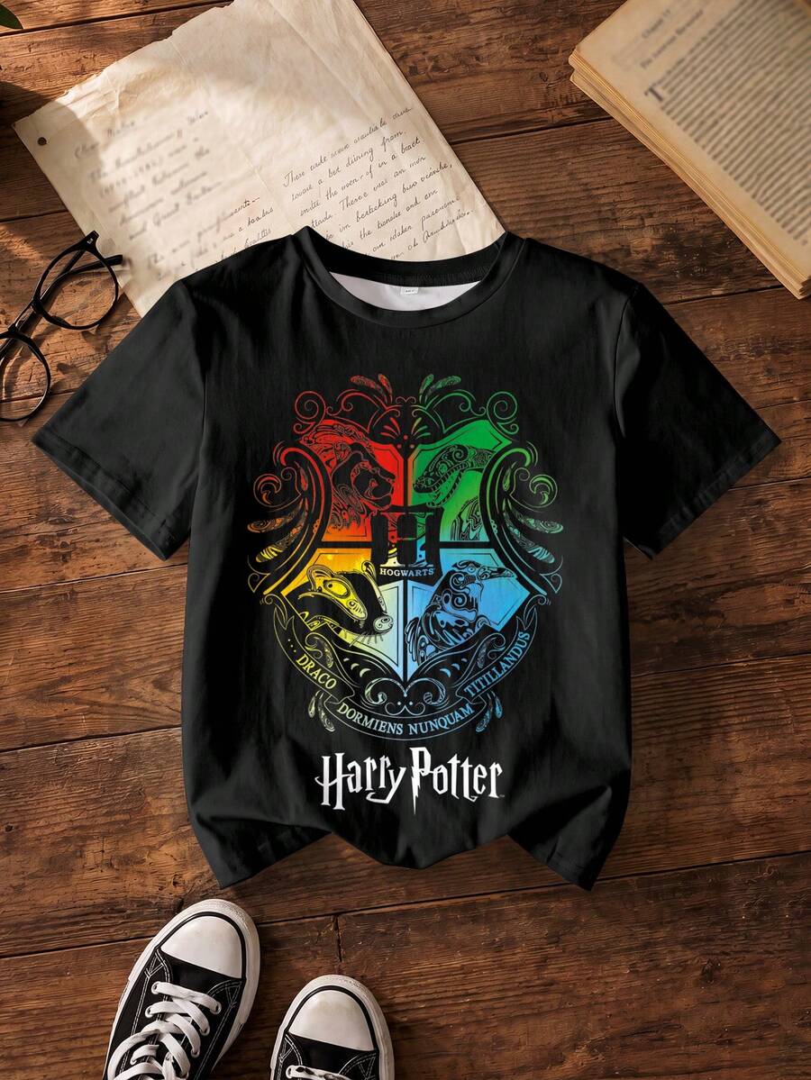 HARRY POTTER X SHEIN تي شيرت بأكمام قصيرة بطبعة شارة كاملة للفتيات المراهقات - أبيض - مشاهدة 1