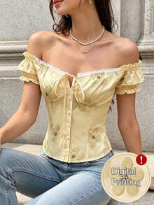SHEIN PariChic Women's Floral Print Ruffle Trim Cold Shoulder Front Tie Short Sleeve Top Going Out Brunch Vacation Pale Yellow Summer Y2k Cottagecore Romantic - Yellow - View 7