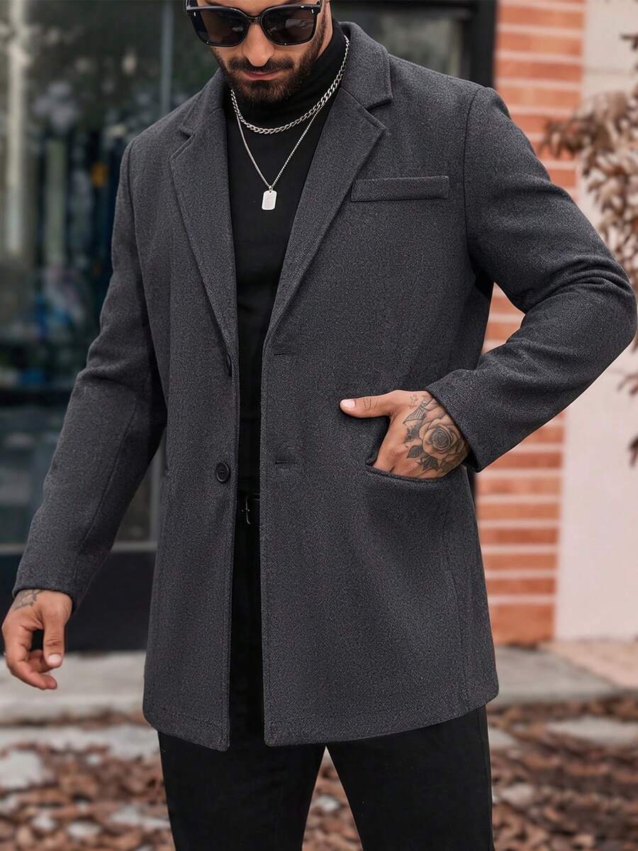 Manfinity Mode Men's Solid Color Lapel NeckLong Sleeve Casual Overcoat - Dark Grey - View 1