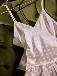 SilkySpell White Premium Satin Faux Silk Polka Dot Jacquard Camisole Shorts + Hair Scrunchie 3 PiecesPajama Set - White - View 3