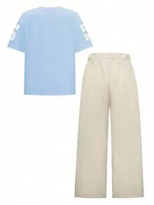 SHEIN Casuvi Kids 青少年男孩字母印花短袖T恤與長褲休閒兩件套 - 藍色 - 查看 2