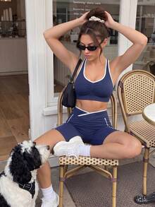 Gameset SHEIN Sport Seamless Sports Halter Neck Bra With Criss-Cross Waist Contrast Color Shorts - Navy Blue - View 12