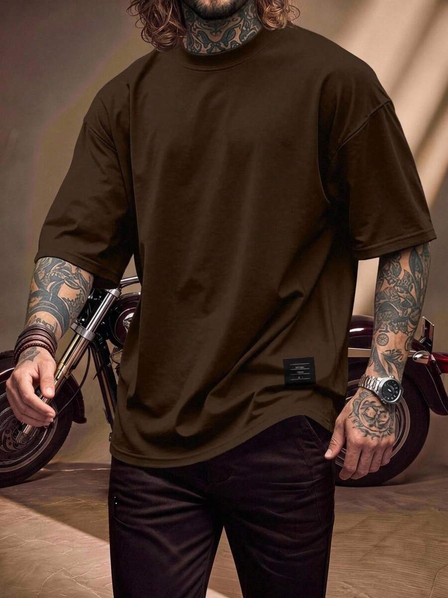 Fenqiro Camiseta de manga corta de cuello redondo de unicolor casual para hombres - Marrón - Ver 1