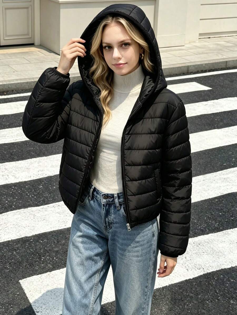 SHEIN Jaket Kasual Minimalis Serbaguna Mudah Dipakai untuk Remaja Perempuan, Berkerudung, Cocok untuk Musim Gugur/Dingin, Sesuai untuk Jalan-jalan dan Berpergian, Gaya Serbaguna - Hitam - View 1