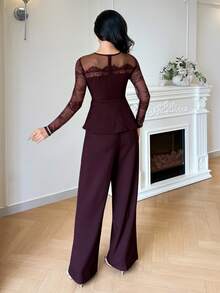 Feyla New Design Lace Patchwork Waist-Cinching Top With Cutout Neckline, 2 In 1 Slimming Straight-Leg Pants, Elegant Elegant Casual Commute Party Vacation Two Pieces Set - Red Violet - View 6