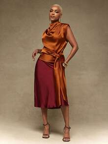 Vixey Padded Shoulder Mock Neck Side Tie Satin Draped Top, Summer/Spring Elegant Top, Chic Top, Work To Weekend, Easy Layering - Rust Brown - View 1