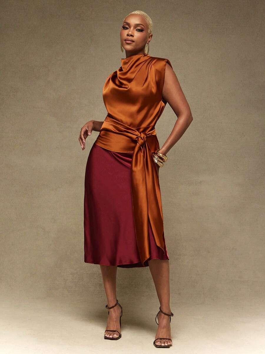 Vixey Padded Shoulder Mock Neck Side Tie Satin Draped Top, Summer/Spring Elegant Top, Chic Top, Work To Weekend, Easy Layering - Rust Brown - View 1