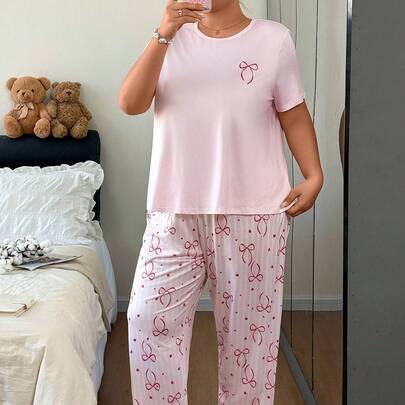 カジュアル ラウンドネック リボン柄 ピンク プラスサイズ パジャマセット