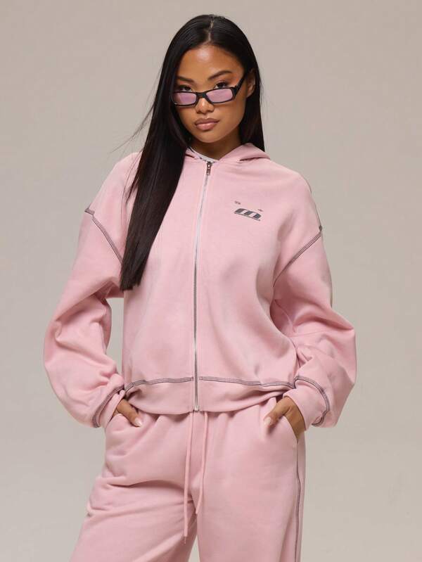 MUSERA Pink Jersey Graphic Logo Zip Up Hoodie Winter Casual Day Comfy Outfit Cool  Pink Womens Hoodie