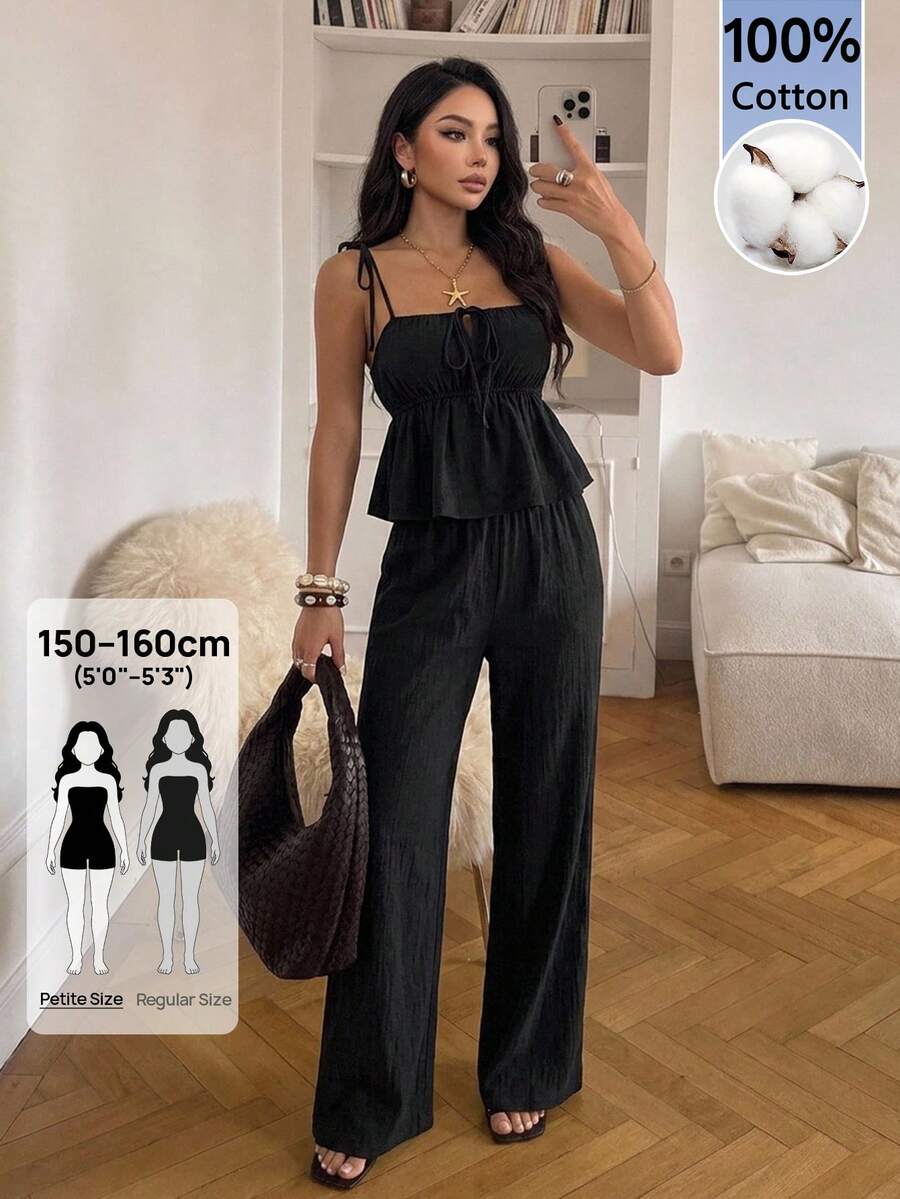 SHEIN PETITE 女款夏季休閒純色細肩帶上衣與長褲兩件套 - 黑色 - 查看 1