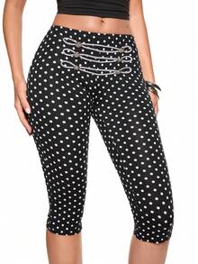 ROMWE Grunge Punk Vintage Napoleon Contrast Webbing Metal Buckle Design Ultra Low Waist Polka Dot Capri Pants - Black - View 6