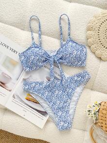 Swim Vcay Women's Printed Vacation Bow High-Cut Spaghetti Strap Sexy Two-Piece Swimwear Set - Baby Blue - View 3
