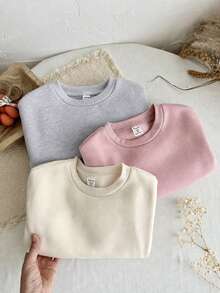 SHEIN LMoss Kids 女童 3 件組針織純色圓領寬鬆休閒秋季運動衫套裝 - 彩色 - 查看 3