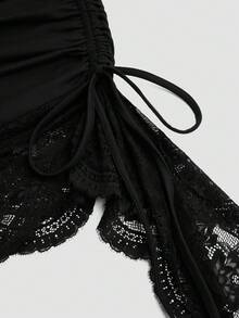 Sweetra Plus Size Women's Lace Patchwork Pleated Fashion Date Halter Neck Dress - Black - View 6