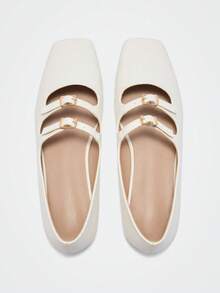 Maija Women's Fashion Simple Strap Buckle Square Toe Elegant Flat Ballet Shoes - White - View 4