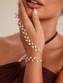 Altistry 1pc Women's Minimalist Style Rhinestone Finger Chain Bracelet, Fashionable & Versatile - Gold - View 6