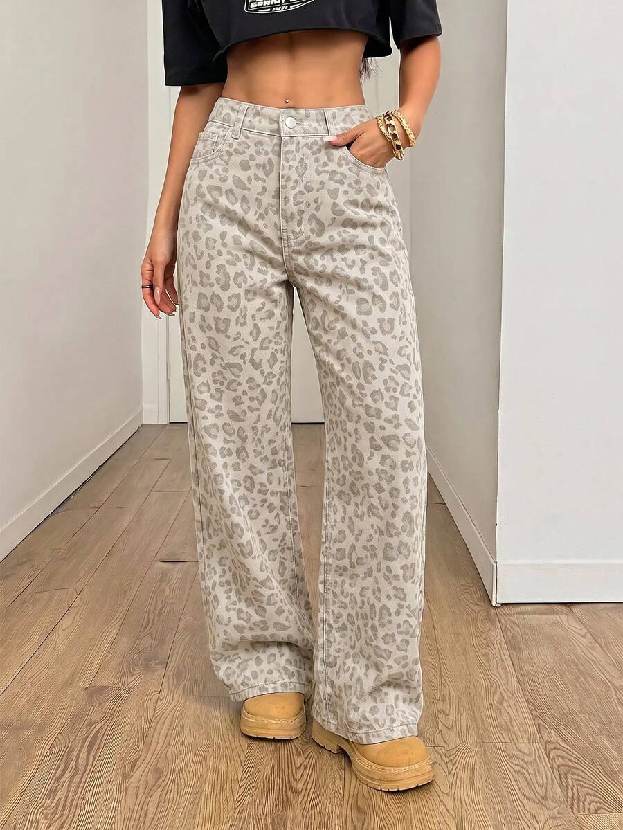 SHEIN PETITE 女款豹紋印花口袋鈕扣休閒百搭日常穿著牛仔褲 秋季教師褲