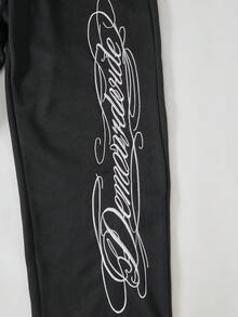 ROMWE MEN Street Life 男士休閒運動字母刺繡抽繩腰鬆緊腰運動長褲，印花字母黑色寬鬆運動長褲，Manfinity運動長褲 - 黑色 - 查看 3