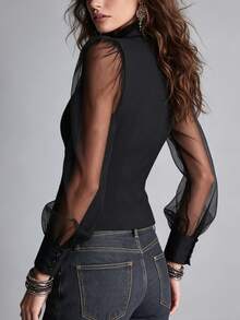 Glimmora Sexy Sheer Mesh Petal Sleeve Cinched Waist V-Neck Slimming Blouse - Black - View 2