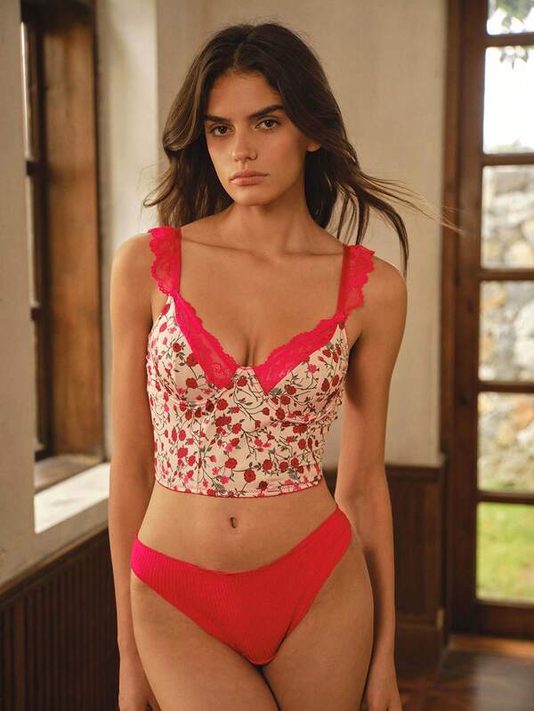 Bisouelle 1pc Women Floral Print Lace Patchwork Underwire Comfortable Bra