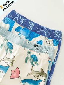 [1 Set Acak] Set Piyama Anak Laki-laki Balita Motif Kartun Hewan Laut & Kendaraan Teknik yang Lucu, Pas Badan, Warna Putih, Cocok untuk Keluarga di Musim Panas - MultiWarna - View 8