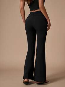 Nuvra Women's Solid Color Ruched Waist Casual Basic Flare Leg Pants Pilates Office Black Autumn - Black - View 2
