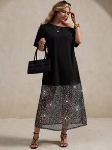 Elegantrix Plus Size Women Spring Summer Sequin Fabric Patchwork Asymmetric Collar Casual Commute Dress - Black - View 6