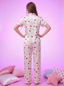 Provexi Provexi Women's All-Over Print Short Sleeve Top And Long Pants Casual Cute Daily Lounge Home Sleepwear Set Red And White Autumn - Multicolor - View 7