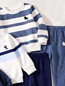 SHEIN 1 Random Set, Casual Logo Blue Striped Contrast Element Print Crew Neck Long Sleeve Sweatshirt, Suitable For Autumn/Winter Outdoor Activities - Multicolor - View 3