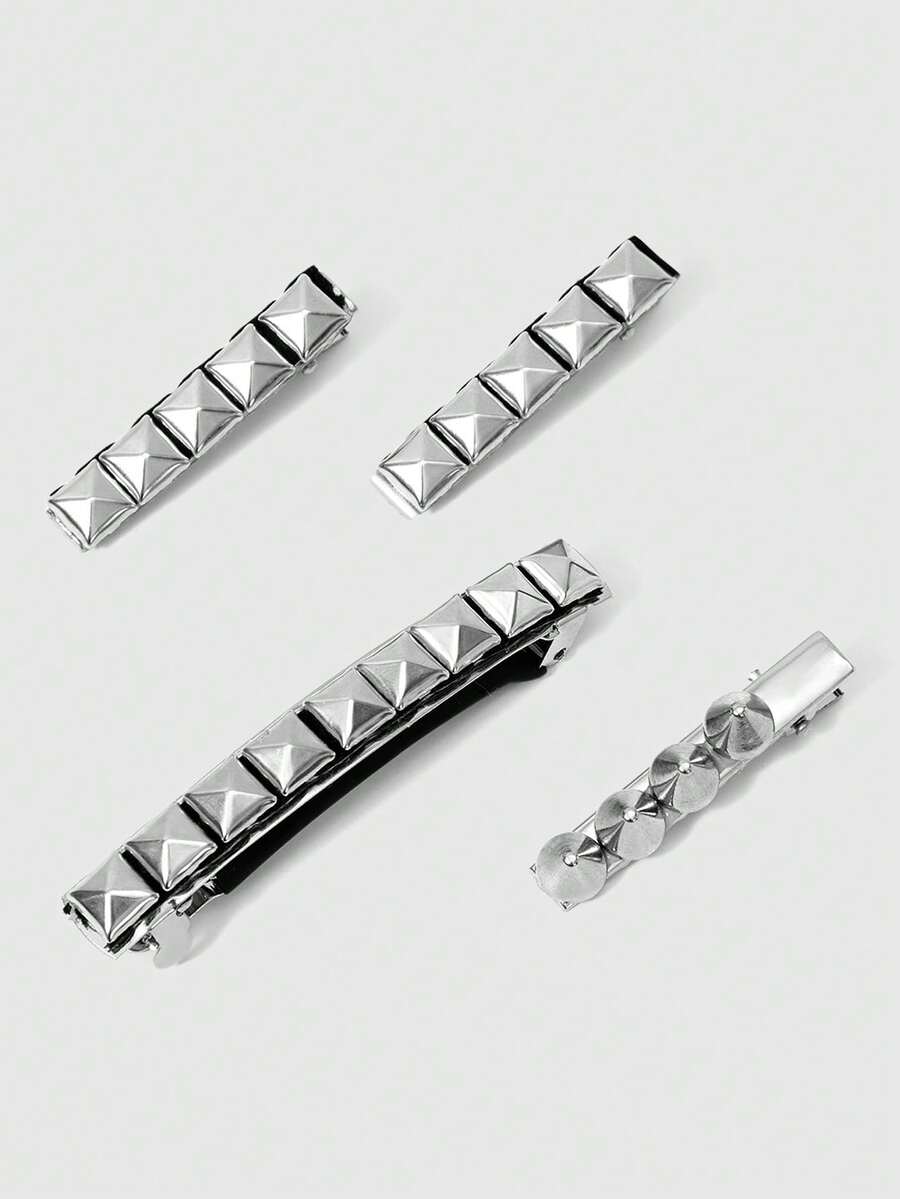 ROMWE Kawaii 4pcs Random Punk Style Rivet Hair Clips, Y2K Geometric Pattern Hair Clips, Versatile Hair Accessories Set - rivet silver - View 1