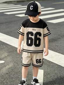 SHEIN Genkimix Kids 2pcs/Set Pakaian Olahraga & Kasual Musim Panas untuk Anak Laki-Laki, Kaos Lengan Pendek Leher Bulat dengan Motif Angka dan Celana Pendek Bermotif dengan Hiasan Pita, Untuk Pemakaian Sehari-hari - Aprikot - View 5