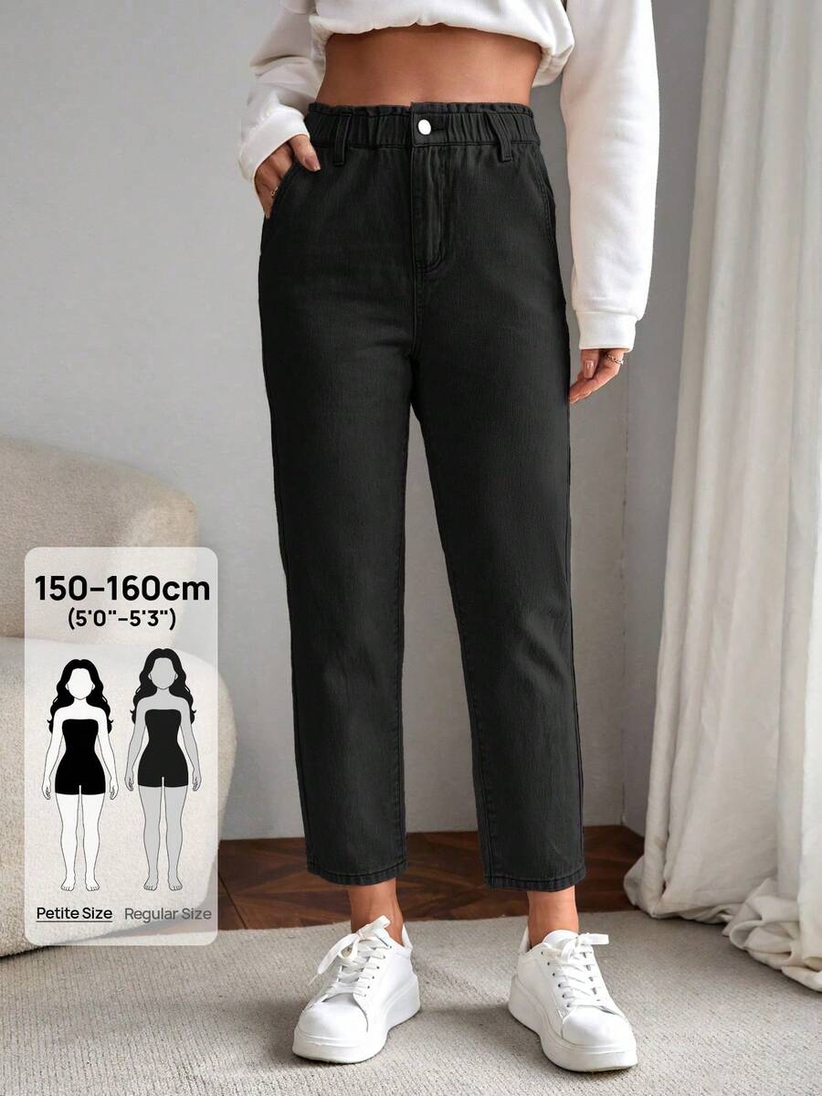 SHEIN PETITE Women's Casual Washed Tapered Denim Jeans - Black - View 1