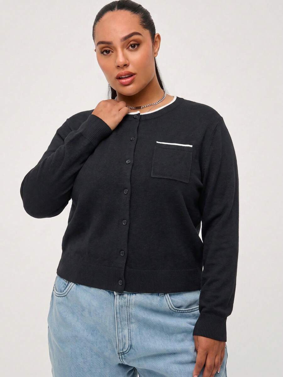 SHEIN BASICS Plus Size Autumn Casual Baggy Versatile Cardigan Winter Office Formal Black And White - Navy Blue - View 1