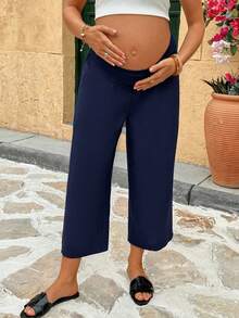 SHEIN Maternity High Waist Solid Color Casual Pants For Vacation - Navy Blue - View 5