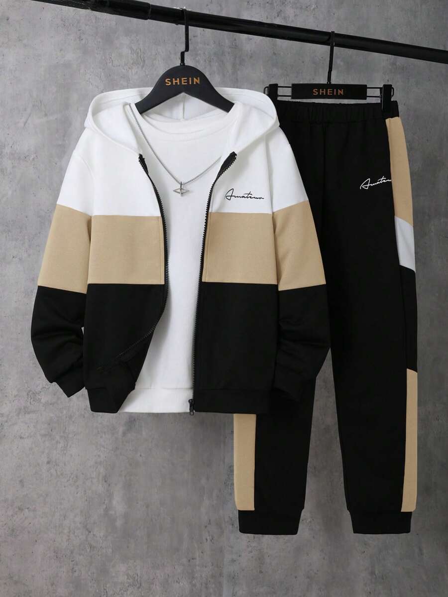 SHEIN 兒童 2件組 青少年男孩撞色休閒寬鬆連帽衛衣 + 撞色休閒運動長褲,抓絨加厚,秋冬款 - 卡其色 - 查看 1