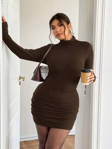 Lounesse 大尺碼女款高領紋理布料黑色修身長袖洋裝，秋冬內搭洋裝，休閒百搭時尚通勤針織洋裝，黑色洋裝 - 咖啡棕 - 查看 8