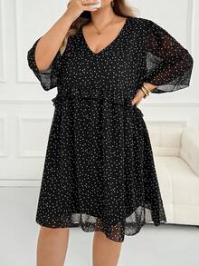 SHEIN CURVE+ Plus Size French Fashion Polka Dot Print Ruffle V-Neck Dress Fall - Black and White - View 3
