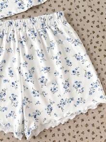 SHEIN 兒童青少年女孩小碎花圓領T恤短褲家居服套裝，休閒舒適居家服 - 藍色 - 查看 4