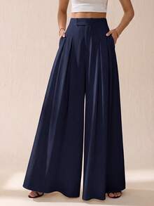 SHEIN Tall 女款純色高腰休閒百搭日常穿著寬腿長褲 - 藏蓝色 - 查看 7