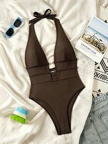 Swim SXY Springbreak 女款黑色深V掛脖性感連身泳衣 節慶波希米亞風 - 咖啡棕 - 查看 5