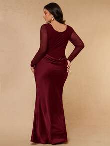 SHEIN BAE CURVE 大尺碼女款優雅長袖百褶緞面拼接洋裝 秋季 - 酒紅色 - 查看 2