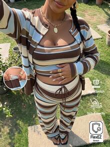 Lyckli Maternity Brown Contrast Color Casual Soft Form Camisole Top Tie-Waist Adjustable Pants Long Sleeve Button-Up Cardigan 3 Pieces Set Autumn - Multicolor - View 1
