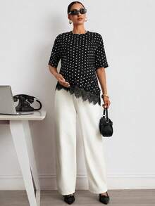 MaterniWear Maternity Polka Dot Print Lace Patchwork Asymmetrical Hem T-Shirt - Black - View 5