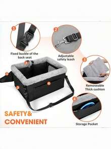 Portable Dog Car Seat Booster With Sturdy Metal Frame Safety Leash Thick Padding Storage Bag For Small Dogs Travel Car Accessory - Black - View 4