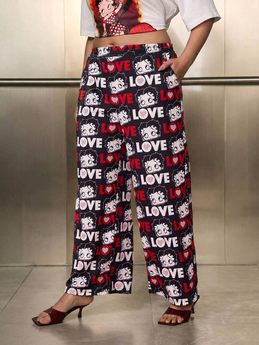 Betty Boop x SHEIN Plus Size Letter And Cartoon Figure Graphic Slant Pocket Casual Pants - Black - View 1
