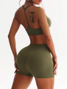 Slayform Slayform 2pcs Women's Seamless Adjustable Strap Scoop Neck Sports Bra And 3/4 Shorts Workout Athleisure Athletic Set For Running Fitness Olive Green - Army Green - View 9