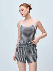 Softvol Women's Pajama Set Contrast Lace Striped Camisole Top And Shorts, Spring/Summer - Grey - View 4