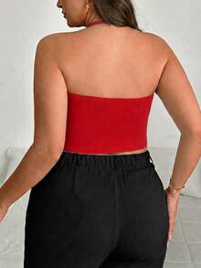 SHEIN PETITE CURVE 夏季大码性感纯色围脖领露背吊带背心 - 紅色 - 查看 2
