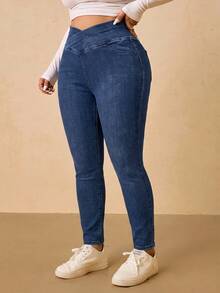 SHEIN Tall CURVE 大尺碼女款不對稱腰線休閒百搭日常牛仔褲 - 深色水洗藍 - 查看 7